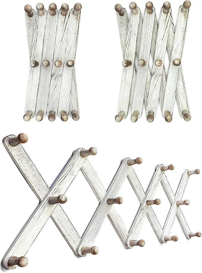 Mercurial Trade Expandable Wooden Coat Rack Hanger – Accordion Wall Mounted Pine Wood Hooks – Hand Made Vintage Expending Pegs – Hang Coat, Jacket, Hat, Leash, Towel, Mug, Bag – Distressed White