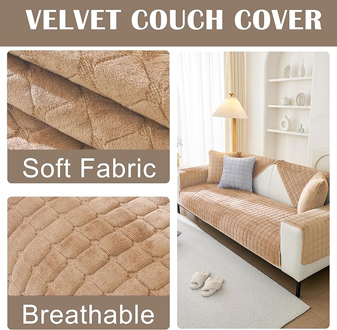 KaviKon Couch Cover Sofa Covers Washable, Velvet Fuzzy Sofa Slipcovers for 3 Cushion Couch, Non-Slip Furniture Protector for Dog Pet, L Shaped Recliner Sectional Couch Cover Khaki,36"X63"(Only 1 Pcs)