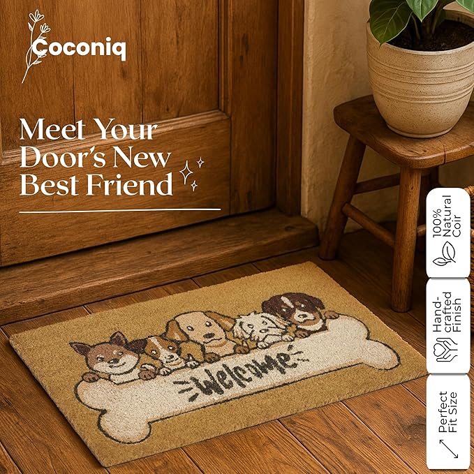 COCONIQ Coir Door Mats 17" X 30", Non-Slip Sturdy, PVC Backed Heavy Duty, Easy to Clean, Ideal for Door Entrance, Patio, Porch, Backyard, Garages, 5 Welcoming Puppies