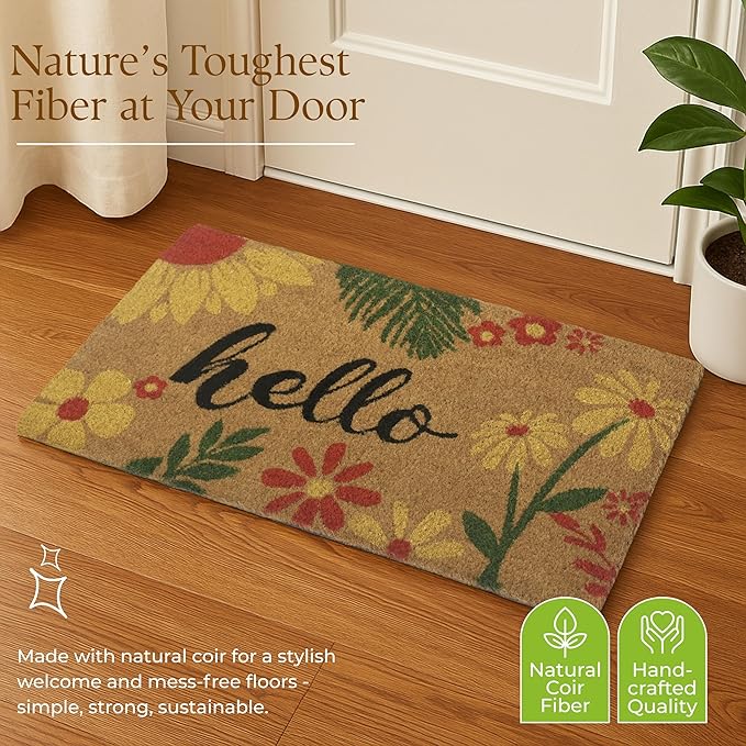 COCONIQ Coir Door Mats 17" X 30", Non-Slip Sturdy, PVC Backed Heavy Duty, Easy to Clean, Ideal for Door Entrance, Patio, Porch, Backyard, Garages, Vibrance of Flora - Hello