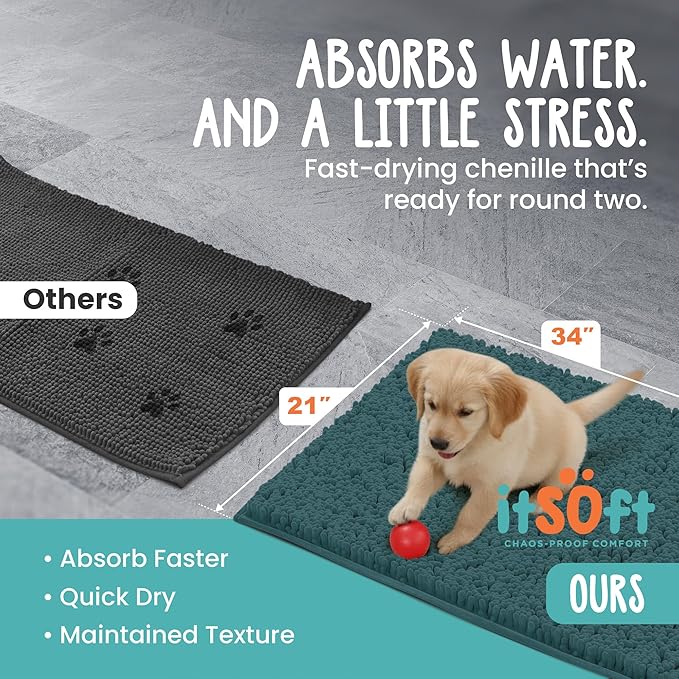 ITSOFT Dog Rugs for Muddy Paws 34x21 | Cleaner, Mud Free Floors | Dog Door Mat for Muddy Paws Muddy Rug for Dogs Absorbent Chenille Machine Washable w Non Slip Backing Outdoor Pets & Paw Matt, Teal