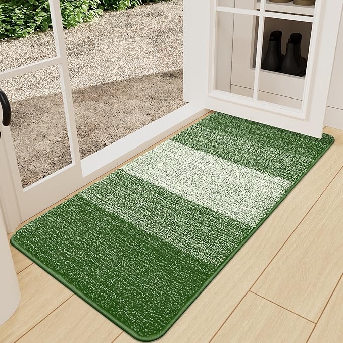 Kitinjoy Indoor Outdoor Door Mat, 47x24 Non-Slip Absorbent Dirt Trapper, Low-Profile Washable Inside Entrance Front Floor Mat, Sturdy Soft Entry Doormats for Entryway, Green
