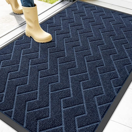 OLANLY Front Door Mat Indoor Outdoor Entrance, Waterproof All-Season, All-Weather Doormat, Sturdy Natural Rubber, Low Profile, Easy Clean Patio Porch Entryway Mat, Herringbone Brick (Blue, 47x32)