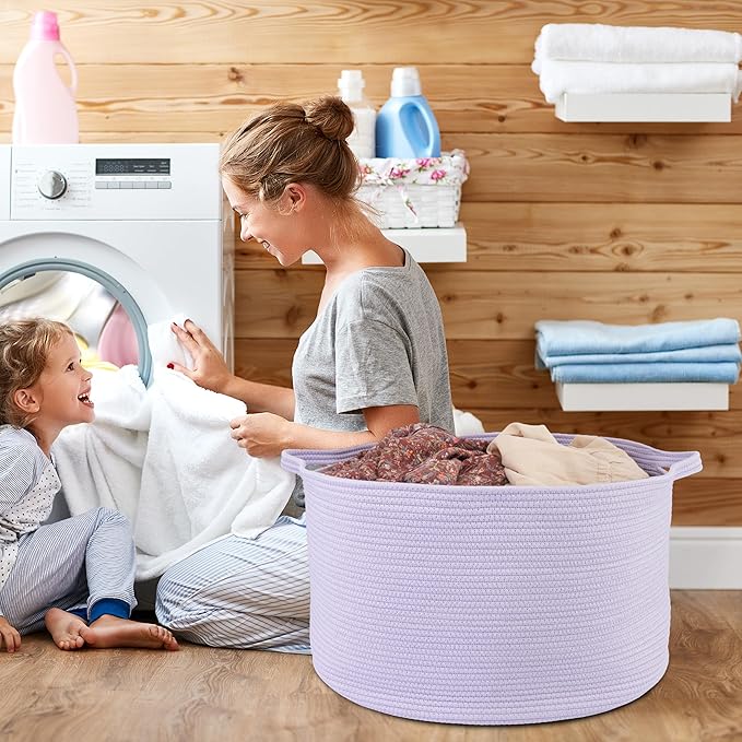 XUANGUO Extra Large Cotton Rope Basket Blankets Basket Living Room 22"x14" Toy Basket for Kids Storage Basket for Nursery Woven Laundry Basket for Clothes Baby Toy Storage round purple or Lavendor