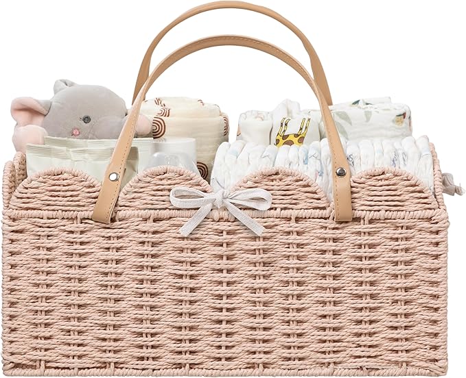 HBlife Baby Diaper Caddy, Paper Rope Storage Baskets Nursery Bin with Removable Divider, Portable Car Organizer for Diapers, Baby Shower Gifts, Newborn Essentials Must Haves