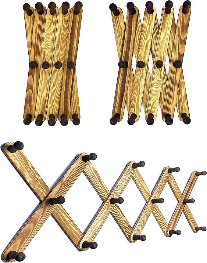 Expandable Wooden Coat Rack Hanger - Accordion Wall Hanger with Expanding Wall Pegs | Hand Made Vintage Wooden Hat Rack for Wall | Hang Coat, Jacket, Hat | Wall Rack – 14 Hook, Torched Wood