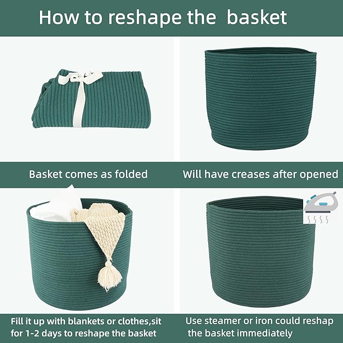 XUANGUO Cotton Rope Basket For Girls Boys Kids 16”X14” Baby Laundry Basket Nursery Bin Round Woven Baskets Organizer For Storage Toys Blankets Shoes Clothes dark green