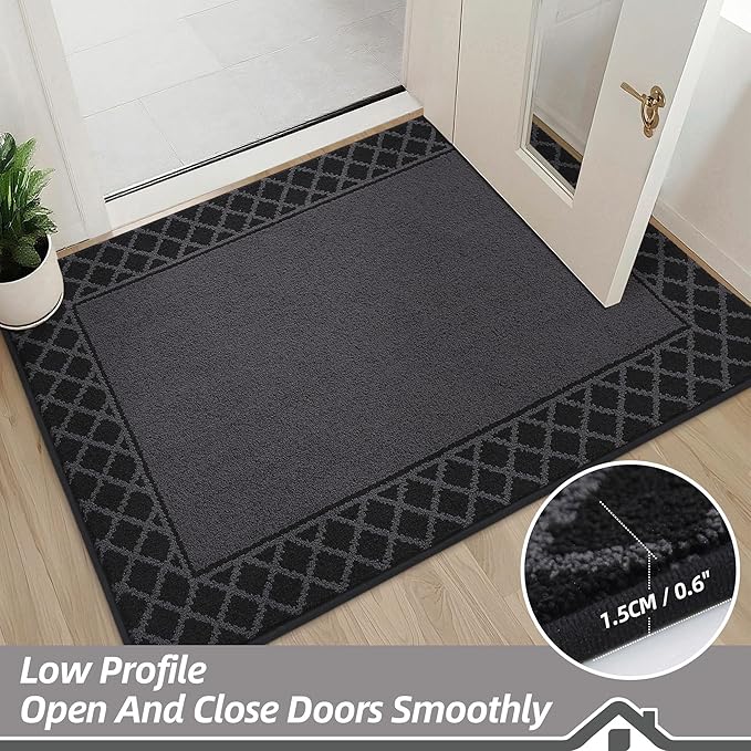 BEQHAUSE Door Mat Dirt Trapper Non Slip Entryway Rugs Absorbent Welcome Mat Low Profile Washable Front Door Mat for Muddy Paws,Entrance,Hallway, 20" x 32", Black