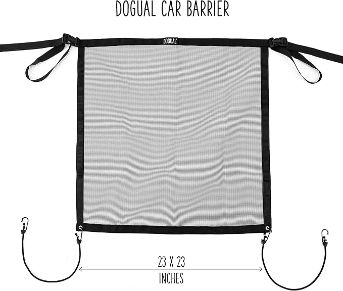 DOGUAL Dog Car Net Barrier - Universal Fit Sturdy Mesh, Easy to Install, Convenient for Air Conditioning, Easy to Clean & with Flexible Bungee Cords for Seat Movement