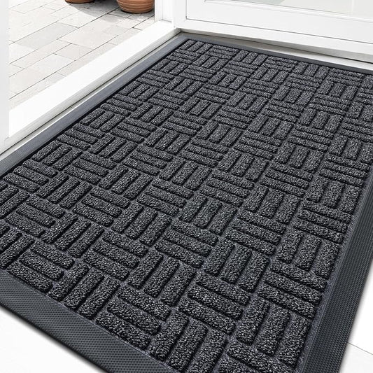 OLANLY Front Door Mat Outside Entrance 29.5x17, Absorbent, Heavy Duty Sturdy Natural Rubber Doormat Indoor Outdoor, Non-Slip, Stain and Fade Resistant, Low Profile Floor Mat for Entryway, Black Gray