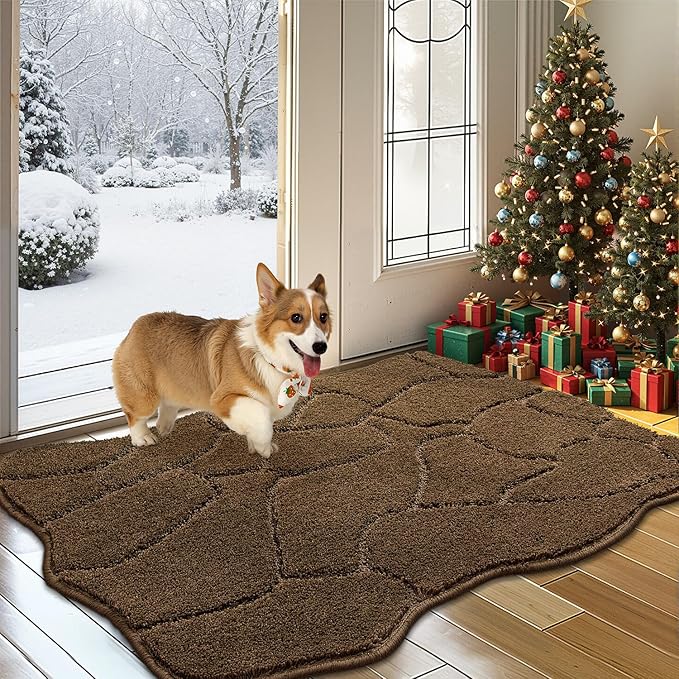BSICPRO Dog Mat for Muddy Paws, 24x36 Low Profile Absorbent Dirt Trapper Door Mat, Non-Slip Washable Mud Mat for Dogs, Polyester Pet Rug Mat for Front Door Indoor, Patio, Entrance (Brown)