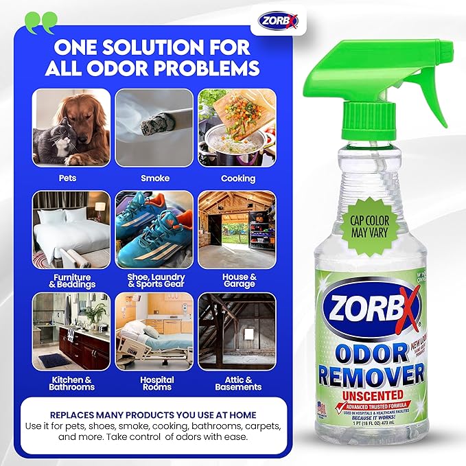 ZORBX Unscented Odor Eliminator for Strong Odor 16 Fl Oz - Used in Hospitals & Healthcare Facilities - Advanced Trusted Formula, Fast-Acting Odor Remover Spray for Dog, Cat, House & Carpet