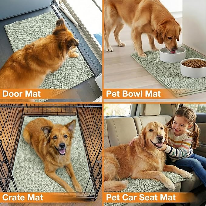 Neater Pets Chenille Dog Door Mat 36” x 24” – Super Absorbent & Quick-Dry Muddy Paws Doormat for Trapping Dirt, Water, Mud - Non-Slip & Machine Washable Pet Rugs for Entryway, Indoor Mud Mats, Green