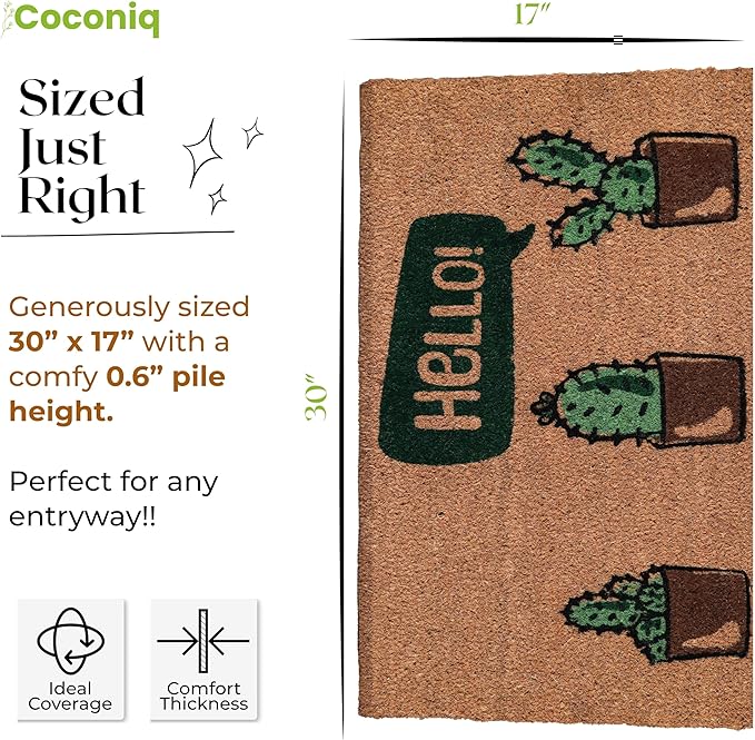 COCONIQ Coir Door Mats 17" X 30", Non-Slip Sturdy, PVC Backed Heavy Duty, Easy to Clean, Ideal for Door Entrance, Patio, Porch, Backyard, Garages, Hello Cactus