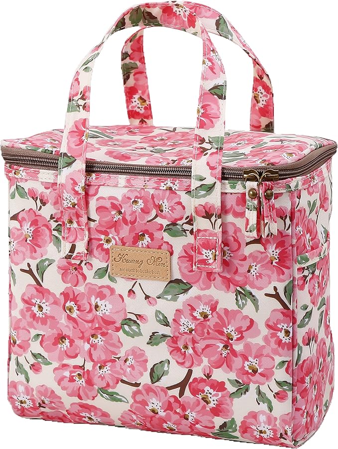 Kwang Min Floral Insulated Lunch Bag for Women,Reusable Lunch Box,Large Cooler for Office,Picnic Outdoors,Premium Waterproof Fabric,Ideal Floral Lunch Bag (Beige Begonia)
