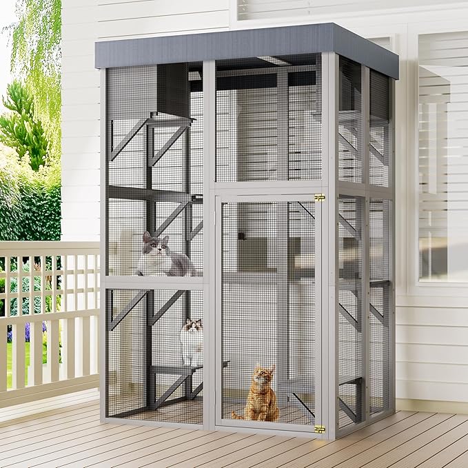 LOVMOR 70" Tall Outdoor Wooden Catio with 5 Platforms & 2 Resting Boxes, Rounded Corner Design, UV-Resistant & Waterproof, Rust-Proof Metal, Secure Locking Mechanism