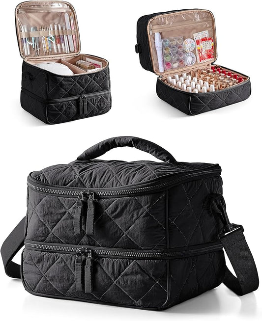 Quilted Nail Polish Organizer Bag Holds 42 Bottles and Nail Lamp, Nail Polish Storage Case with Crossbody Straps and Multiple Pockets, Black