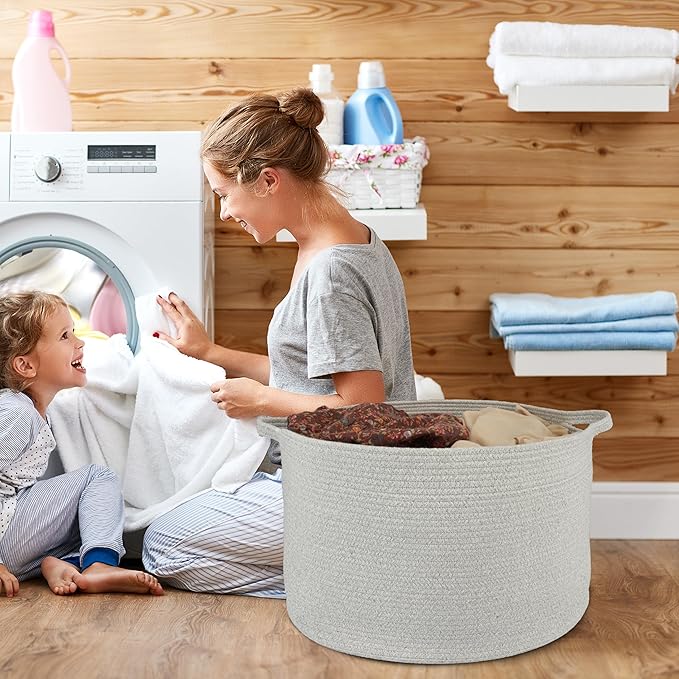 XUANGUO Extra Large Cotton Rope Basket – 22"x14" Woven Storage Baskets for Blankets, Toys, Laundry, and Nursery – Round Basket for Living Room, Kids, and Pets Grey