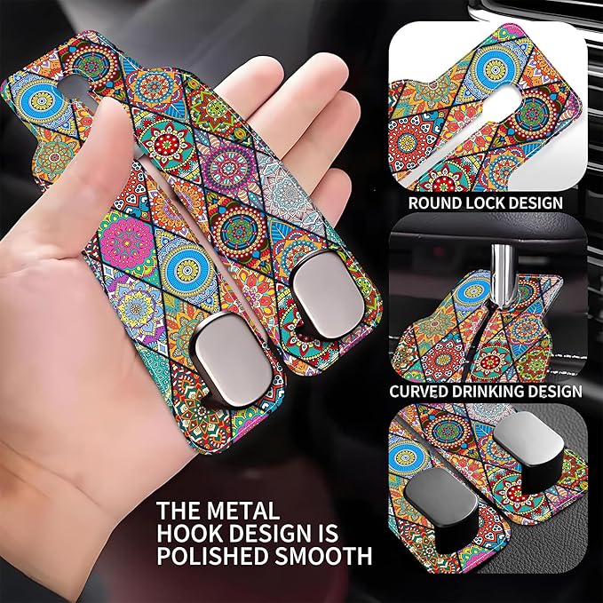 AEWNUNK Purse Hook for Car Vintage Boho Mandala Flowers 1 Pack Headrest Back Seat Hook Premium Leather Double Metal Hanger Storage Pack Bag Purse Holder Car Accessories