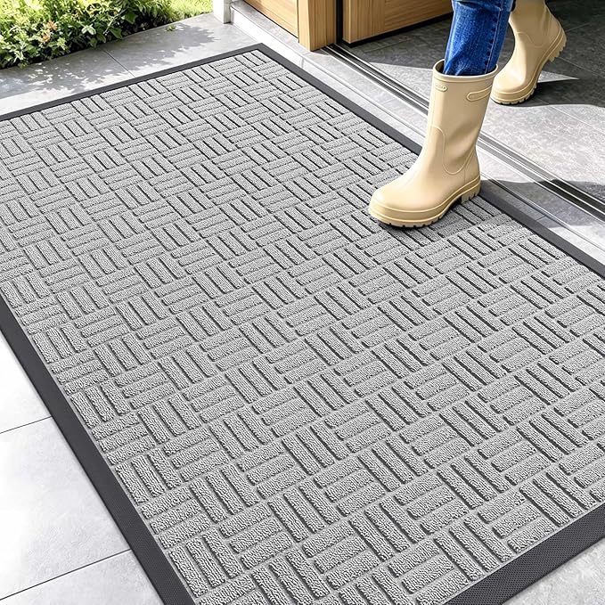 OLANLY Front Door Mat Outside Entrance 47x32, Absorbent, Heavy Duty Sturdy Natural Rubber Doormat Indoor Outdoor, Non-Slip, Stain and Fade Resistant, Low Profile Floor Mat for Entryway, Light Gray