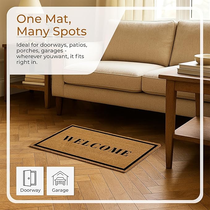 COCONIQ Coir Door Mats 17" X 30", Non-Slip Sturdy, PVC Backed Heavy Duty, Easy to Clean, Ideal for Door Entrance, Patio, Porch, Backyard, Garages, Welcome with Border