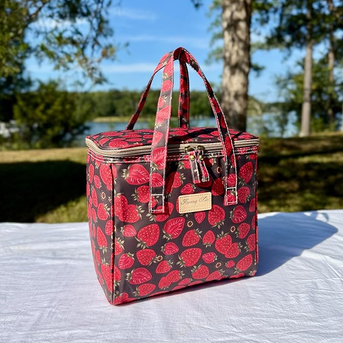 Kwang Min Floral Insulated Lunch Bag for Women,Reusable Lunch Box,Large Cooler for Office,Picnic Outdoors,Premium Quality Waterproof Fabric,Ideal Gift for Outdoors and Work (Chocolate Strawberry)