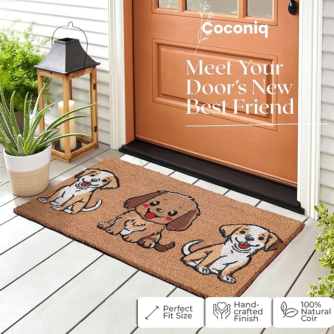 COCONIQ Coir Door Mats 17" X 30", Non-Slip Sturdy, PVC Backed Heavy Duty, Easy to Clean, Ideal for Door Entrance, Patio, Porch, Backyard, Garages, The 3 Cute Musketeer Puppies