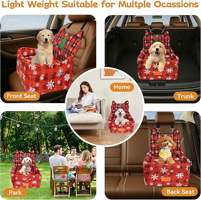 CABZOON Christmas Dog Car Seat for Small/Medium Dogs Up to 35lbs,Elevated Cushion Fits in Front/Back Seat,Travel Safety Per Car Bed with Washable Removable Cover, Storage 2 Pockets Christmas Tree