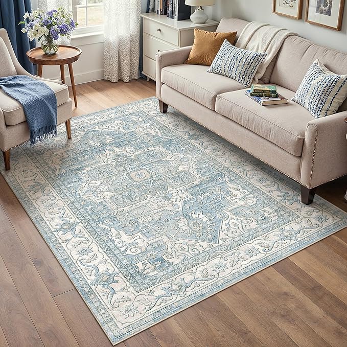 4x6 Washable Vintage Area Rug Blue Oriental Soft Entryway Throw Rug Neutral Non Slip Low Pile Small Carpet for Kitchen Bathroom Living Room Bedroom
