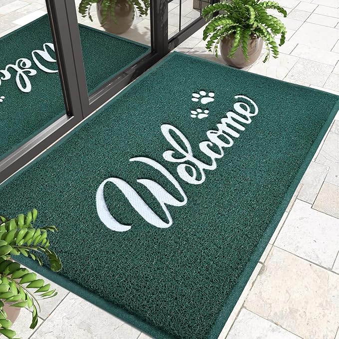 T.HENV Welcome Mat Outdoor, 2' x 3' (Rectangular), Green-White, Waterproof, Quick Drying, Low Profile, Heavy Duty, Non Slip, Fade Resistant