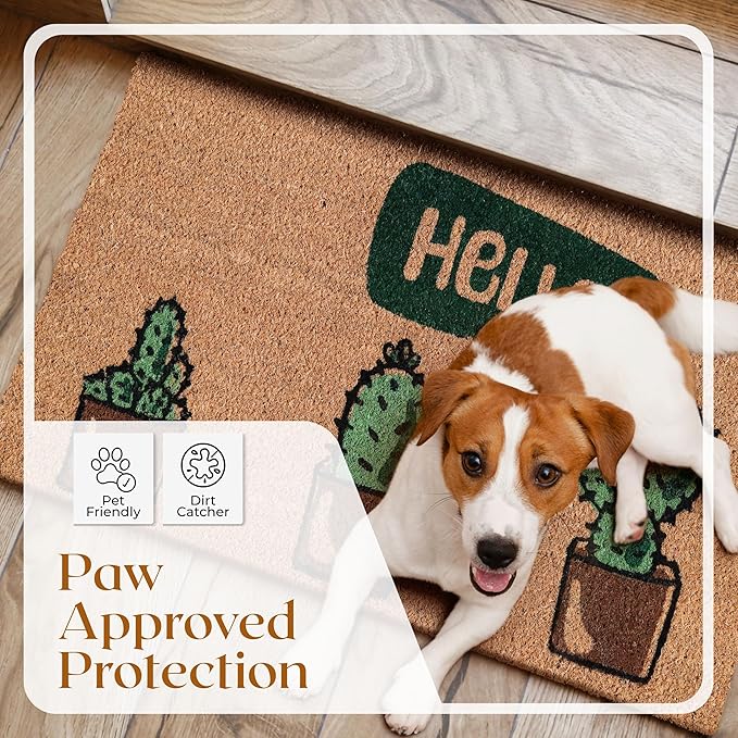 COCONIQ Coir Door Mats 17" X 30", Non-Slip Sturdy, PVC Backed Heavy Duty, Easy to Clean, Ideal for Door Entrance, Patio, Porch, Backyard, Garages, Hello Cactus