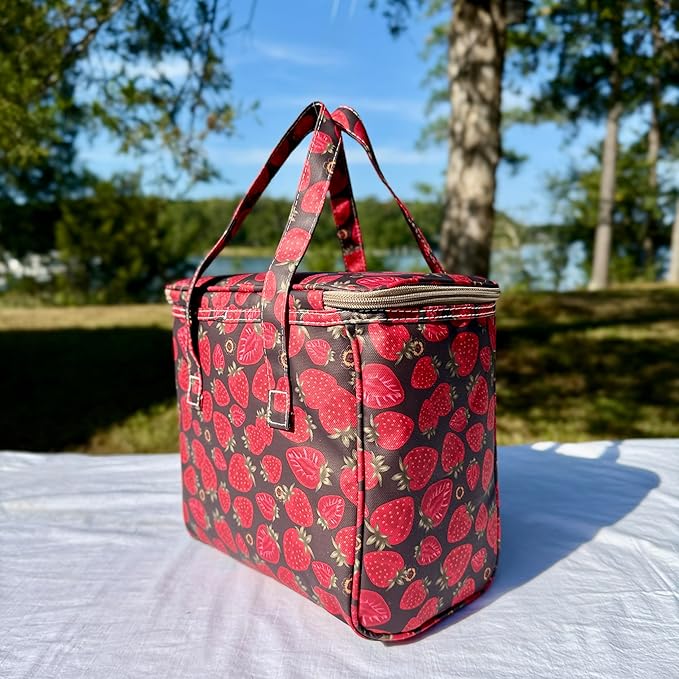 Kwang Min Floral Insulated Lunch Bag for Women,Reusable Lunch Box,Large Cooler for Office,Picnic Outdoors,Premium Quality Waterproof Fabric,Ideal Gift for Outdoors and Work (Chocolate Strawberry)