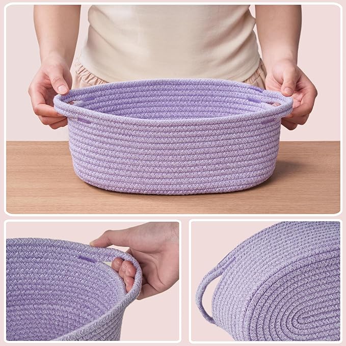 Small Woven Gift Basket Empty with Bag & Ribbon - Gifts for Mom, Baby Shower, Birthdays & Raffle - Cotton Rope Storage Basket for Dog Toys or Shelf - 12"x8"x5", Purple