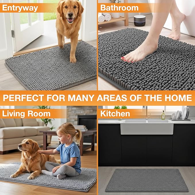 Neater Pets Chenille Dog Door Mat 36” x 24” – Super Absorbent & Quick-Dry Muddy Paws Doormat for Trapping Dirt, Water, Mud - Non-Slip & Machine Washable Pet Rugs for Entryway, Indoor Mud Mats Charcoal