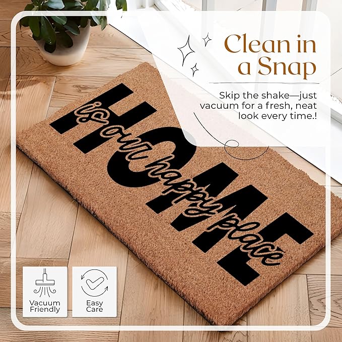 COCONIQ Coir Door Mats 17" X 30", Non-Slip Sturdy, PVC Backed Heavy Duty, Easy to Clean, Ideal for Door Entrance, Patio, Porch, Backyard, Garages, Home is Our Happy Place