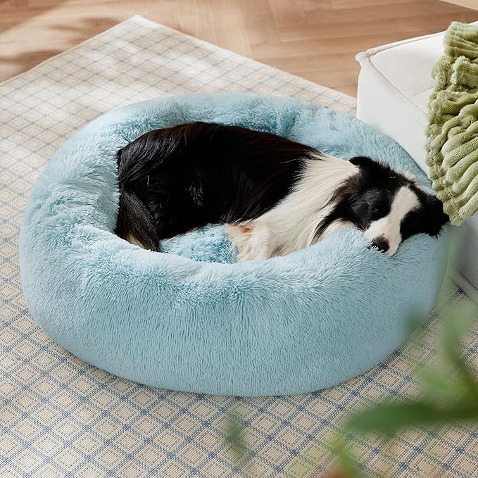 Bedsure Calming Dog Bed for Large Dogs - Donut Washable Large Pet Bed, 36 inches Anti-Slip Round Fluffy Plush Faux Fur Dog Bed, Fits up to 80 lbs Pets, Aqua Blue