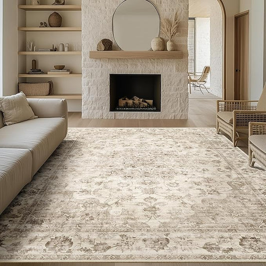 10x14 Neutral Area Rug Beige Vintage Living Room Bedroom Washable Carpet Non-Slip Soft Low Pile Farmhouse Indoor Large Throw Rug for Dining Room Office
