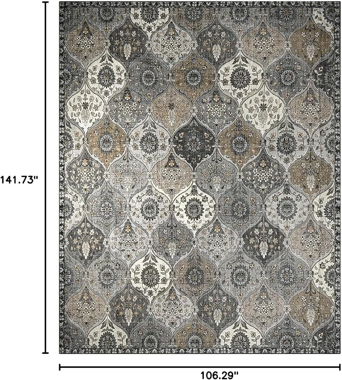 Lahome Moroccan Trellis 9x12 Rug for Living Room, Soft 9x12 Area Rug for Bedroom Dining Room, Ultra-Thin Non-Slip Non Shedding Distressed Throw Large Carpet for Office Elise, Grey