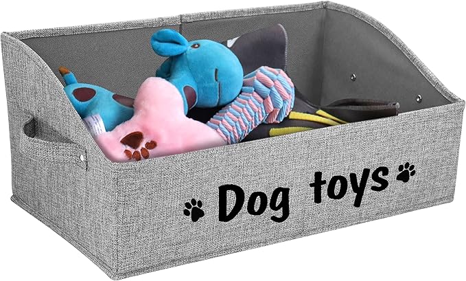 PET ARTIST Sturdy Collapsible Dog Organization and Storage Basket Accessible,Cute Dog Toy Storage with Handles,Dog Toy Box Bin Large for Chew Toys,Clothes,Squeak Toys,Gray