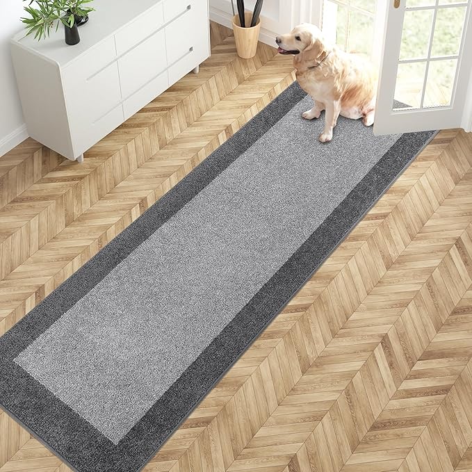 PURRUGS Dirt Trapping Door Mat 24" x 84", Non-Slip Machine Washable Entry Rug, Entrance Mat, Indoor Front Door Mat, Super Absorbent Entryway Rug for Muddy Shoes & Paws, Light Grey & Grey