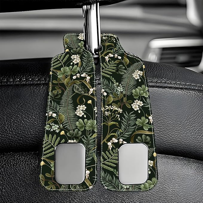 AEWNUNK Purse Hook for Car White Flowers Berries and Leaves 1 Pack Headrest Back Seat Hook Premium Leather Double Metal Hanger Storage Pack Bag Purse Holder Car Accessories
