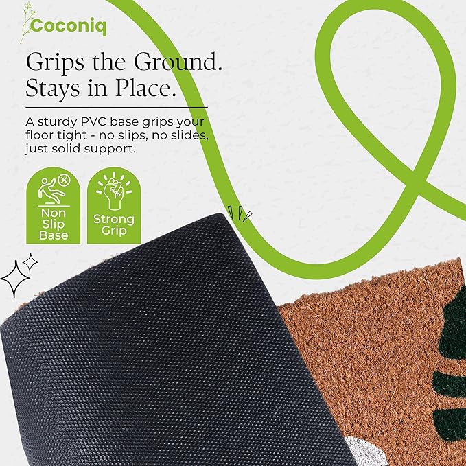 COCONIQ Coir Door Mats 17" X 30", Non-Slip Sturdy, PVC Backed Heavy Duty, Easy to Clean, Ideal for Door Entrance, Patio, Porch, Backyard, Garages, Hello - Green Leaves
