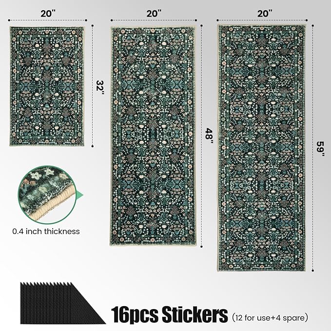 Kitchen Rug Set 3Pcs, Boho Rug Sets Non Slip Washable for Floor Thick Farmhouse Kitchen Decor Runner Rugs for Kitchen, Entryway，Laundry, Hallways 20''x32''+20''x48''+20''x59