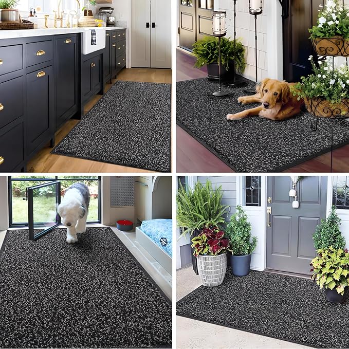 Mibao Front Door Mat, Dirt Trapper Welcome Mat for Outdoor Indoor, Non-Slip Waterproof Doormat, Durable Machine Washable Low Profile Entry Rug for Back Door Outside Patio Porch, 72" x 48", Black