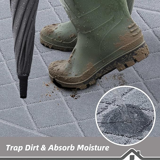 BEQHAUSE Dirt Trapper Door Mat 24" x 36", Doormat Non-Slip Entryway Rugs Washable, Dog Door Mat Stain Resistant and Absorbent Welcome Floor Mat for Front Back Door, Mud Wet Shoes & Paws, Grey