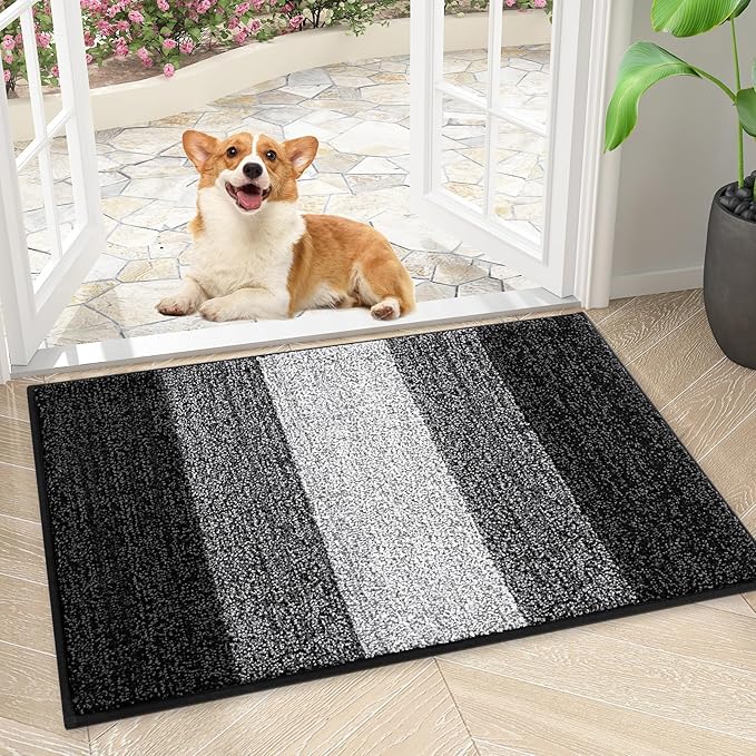 Smiry Dog Door Mat for Muddy Paws, Absorbs Moisture and Dirt, Low-Profile Entryway Mat with Non-Slip Backing, Entry Indoor Outdoor Doormat for Inside Floor (30x17 Inches, Black, Striped)
