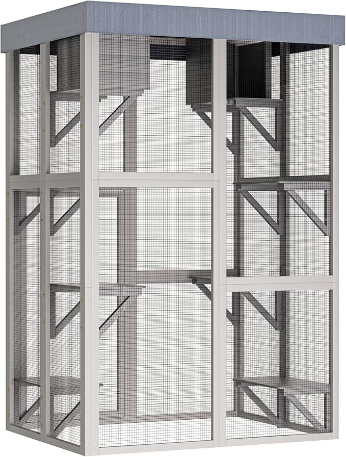 LOVMOR 70" Tall Outdoor Wooden Catio with 5 Platforms & 2 Resting Boxes, Rounded Corner Design, UV-Resistant & Waterproof, Rust-Proof Metal, Secure Locking Mechanism