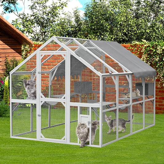 LOVMOR 110" Large Outdoor Wooden Catio, Outdoor Cat House Cat Enclosures, Weatherproof Cover roof, Two Small Sliding Doors, 2 x Bridges, 2 x Sleeping Houses, 7 x Cat Walks