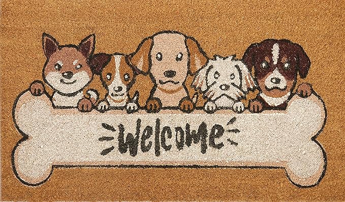 COCONIQ Coir Door Mats 17" X 30", Non-Slip Sturdy, PVC Backed Heavy Duty, Easy to Clean, Ideal for Door Entrance, Patio, Porch, Backyard, Garages, 5 Welcoming Puppies