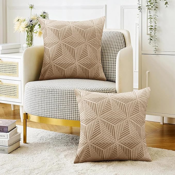 YEMYHOM Pack of 2 Throw Pillow Covers 18 x 18 Inch High Stretch Jacquard Pillowcase for Couch Sofa Living Room Home Decor, Khaki